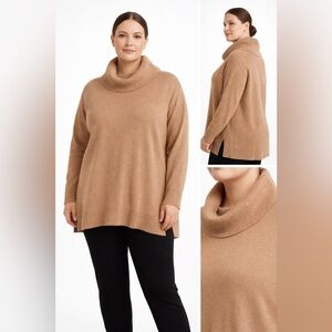 Chico’s Camel Cowl Neck Silk Blend Knit Sweater Ribbed Cuffs Size 2 Plus